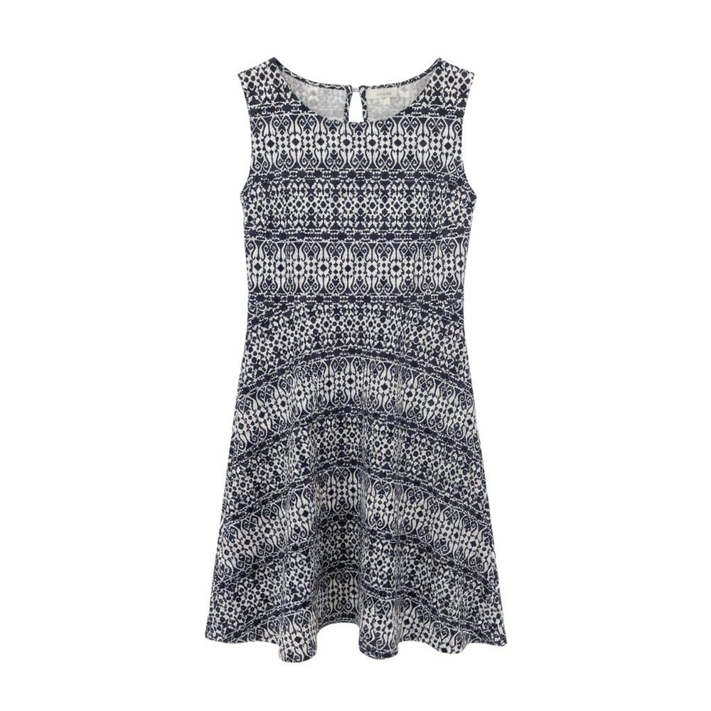 Talbots Preppy Fit and Flare Geometric Ikat Dress Navy White Sleeveless Sz M EUC